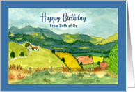 Happy Birthday From Couple Tiny House Farmland Mountains Illustration card