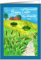 Happy Easter For Him Houses Landscape Creek Wildflowers Watercolor card