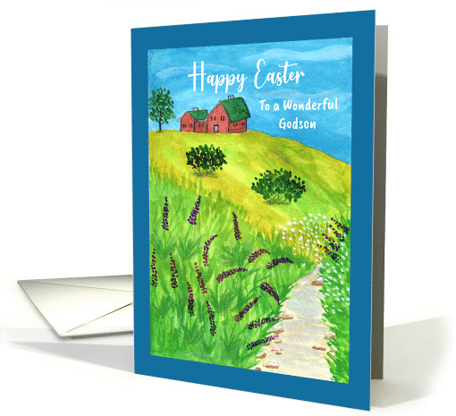 Happy Easter Godson Houses Landscape Creek Wildflowers Watercolor card