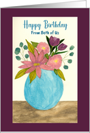 Happy Birthday From Couple Pink Flowers Floral Bouquet Vase Watercolor card