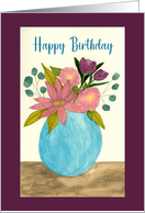 Happy Birthday General Pink Flowers Floral Still Life Vase Watercolor card