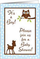 Boy Blue Woodland Forrest Animals Baby Deer Hoot Owl Baby Shower Invitation card