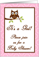 Forrest Woodland Animals Hoot Owl Baby Girl Shower Invitation card
