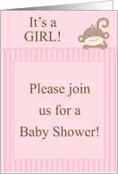 Girl Pink on Pink Safari Jungle Zoo Animal Monkey Striped Baby Shower Invitation card