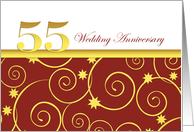 55th wedding anniversary party invitation, golden swirls on red card
