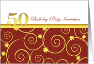 50th birthday Party invitation, elegant golden swirls on red with white card