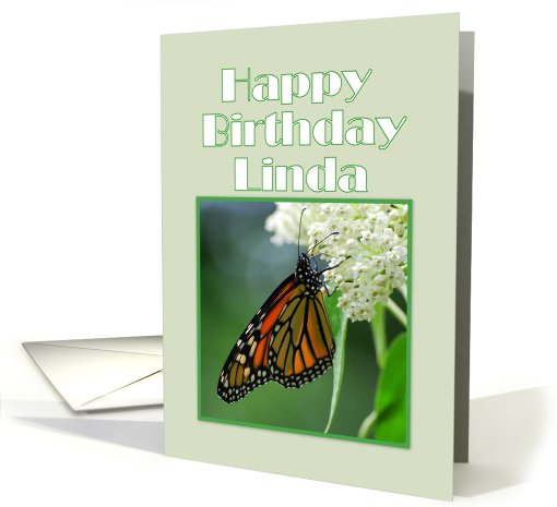 Happy Birthday, Linda, Monarch Butterfly on White Milkweed Flower card