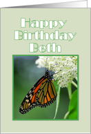 Happy Birthday, Beth, Monarch Butterfly on White Milkweed Flower card