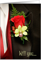 Will you be my greeter? (tux with rose corsage) card