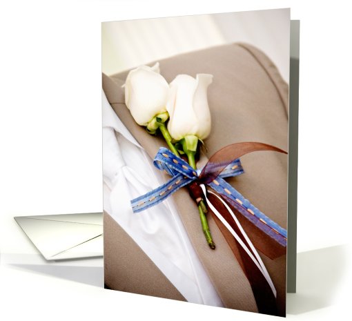 Will you be my usher? (White rose corsage on tan tux) card (413769)