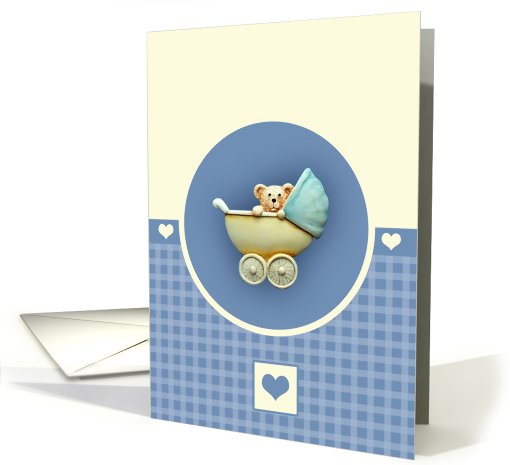Baby Teddy Bear In Blue Pram card (418015)