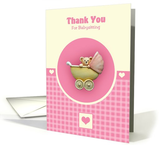 Baby Teddy Bear In Pink Pram card (421663)