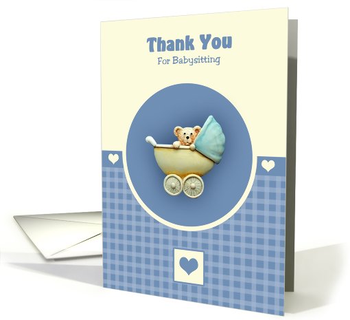 Baby Teddy Bear In Blue Pram card (421664)