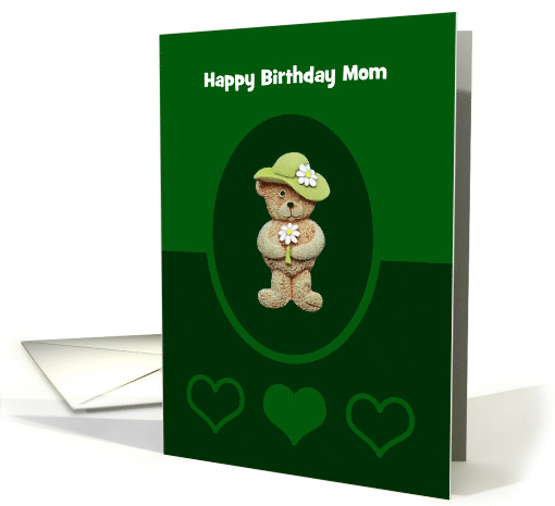 Mom Birthday Card, Teddy Bear Holding A white Flower, Custom Text card
