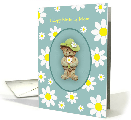 Happy Birthday Mom Card, Teddy Bear Holding A Flower, Custom Text card