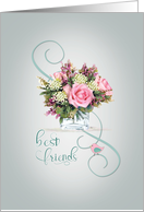 Best Friend Pink Rose Baby Breath Bird Watercolor Bouquet card