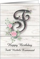 Personalized Happy Birthday Monogram F Pink Roses Stars Whitewashed card