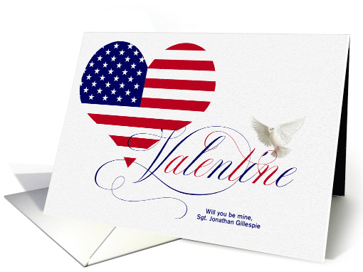 Military Valentine's Day American Flag Heart and Dove Custom Name card