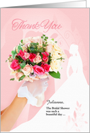 Bridal Shower Custom Thank You with Pink Rose Bouquet and Bride card