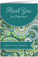 Thank You for Babysitting Teal Green Paisley with Name card