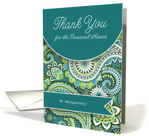 Financial Advisor Thank You in Teal Green Paisley with Name card