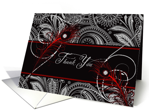 Thank You Black and Red Paisley with Peacock Feathers Blank card