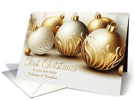 1st Christmas in a New Home Gold and White Christmas Ornaments card