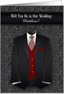 Will You Be In Our Wedding Black Tux with Red Tie Custom card