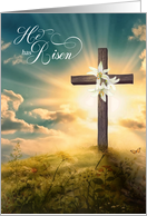 Easter He is Risen Christian Cross and Lilies on a Hill card