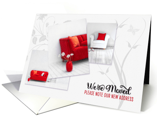 We've Moved Modern Home Interior Design in Red and White card