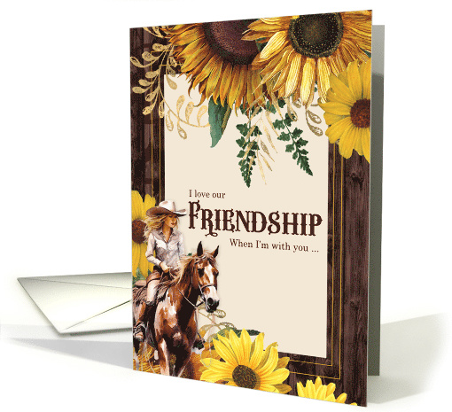 Friendship Country Western Cowgirl with Sunflower and Barn Wood card