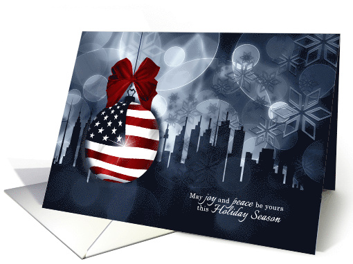 Patriotic Holiday Wishes American Flag Ornament and Skyline card