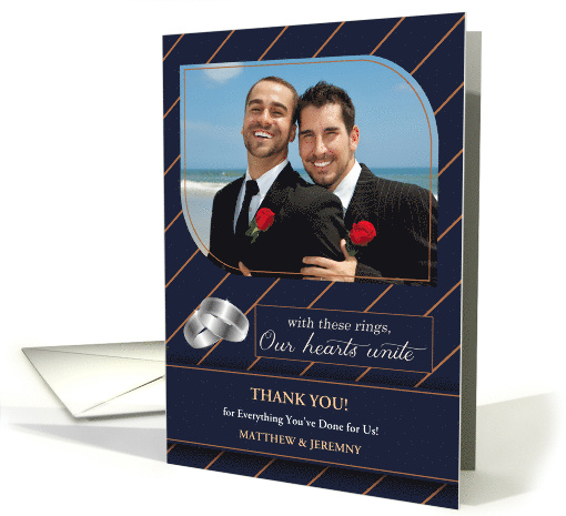 Gay and Lesbian Wedding Thank You Blue Pinstripe with Photo card