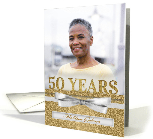 50th Golden Birthday Party in Gold and Silver Damask with Photo card