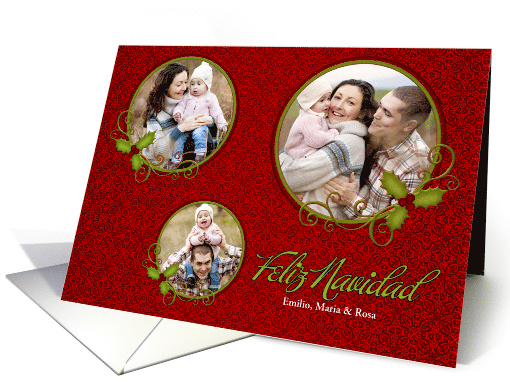 Christmas Feliz Navidad Elegant Red and Green 3 Photo Custom card