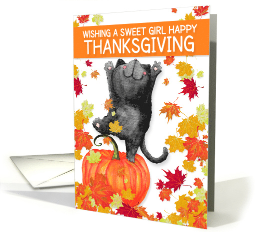 for a Little Girl Thanksgiving Dancing Black Cat and Pumpkin card