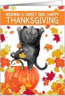 for a Little Girl Thanksgiving Dancing Black Cat and Pumpkin card