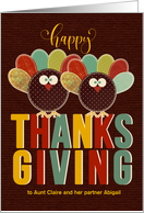 for Aunt and Her Partner Thanksgiving Patchwork Turkey Custom card