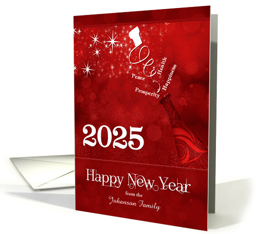 2024 New Year Champagne and Clock in Red and White Custom card