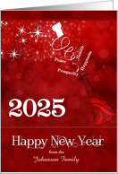 2024 New Year Champagne and Clock in Red and White Custom card