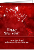 for Friend on New Year’s Champagne in Red and White card