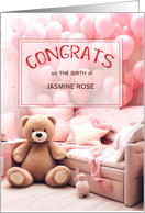 Congratulations It’s a Girl New Baby Pink Balloons and Bear card