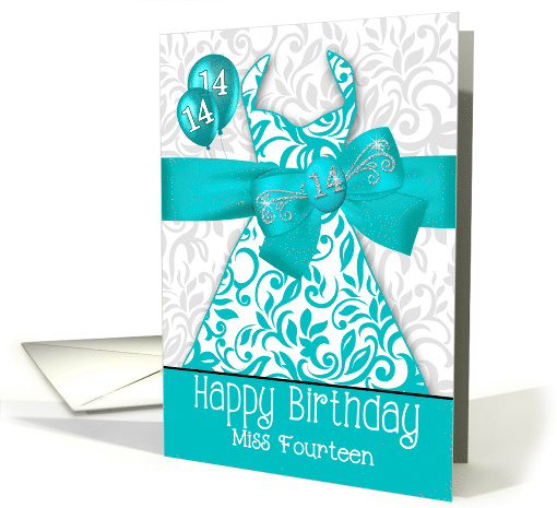 14th Birthday for Her Trendy Bling Turquoise Dress card (1210350)