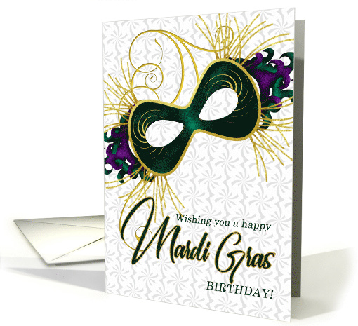 Birthday on Mardi Gras wih a Violet, Gold and Green Mask card