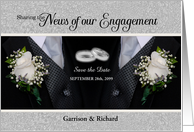 Save the Date for the Two Grooms Tuxes and White Roses card