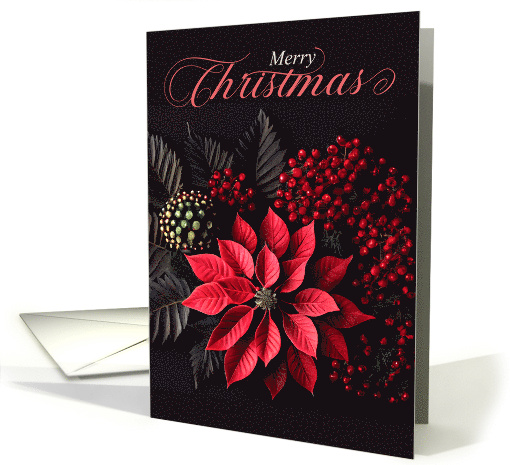 Poinsettia Christmas on Black with Bold Red Berries card (1336816)