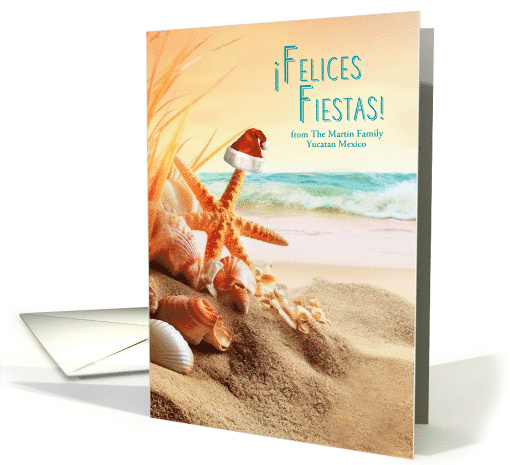 Spanish Felices Fiestas Blue Santa Hat on the Beach Shell card