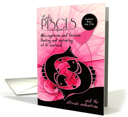 Lady Pisces Birthday Pink and Black Feminine Zodiac Custom card