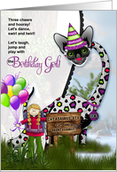 Girl’s Birthday Silly Cat and Dinosaur in Pink and Purple card