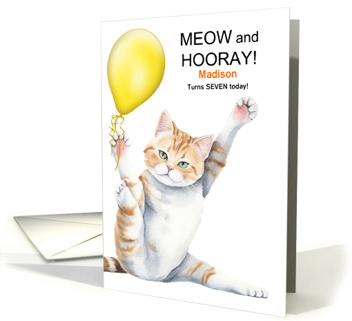 7th Birthday for Boy or Girl with a Cute Cartoon Cat Custom Name card
